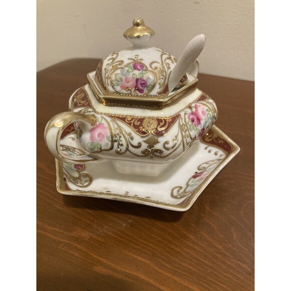 Antique Nippon c1911 Floral Sugar Bowl W/ Lid & Spoon Attached Plate Gold Accent - Picture 2 of 14